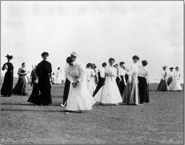 1903 - Women golfers practice for a putting contest prior to the inaugural North and South Amateur Championship at Pinehurst.​ In support of women's golf, lockers were included for women when the famous clubhouse was built in 1898.  Photo: Pinehurst.com
